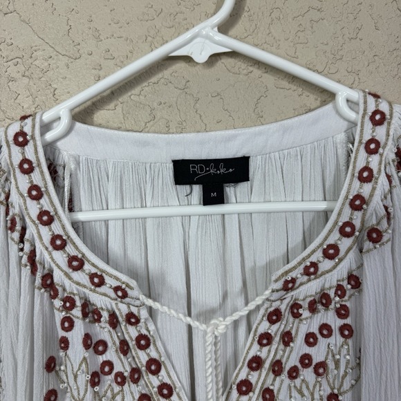 RD & KOKO Anthropologie Peasant Top Size M White Embroidered Beaded Boho Hippie - Picture 8 of 9